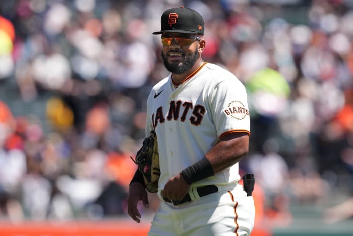 SF Giants left fielder Heliot Ramos before a game against the Kansas City Royals. (2023)